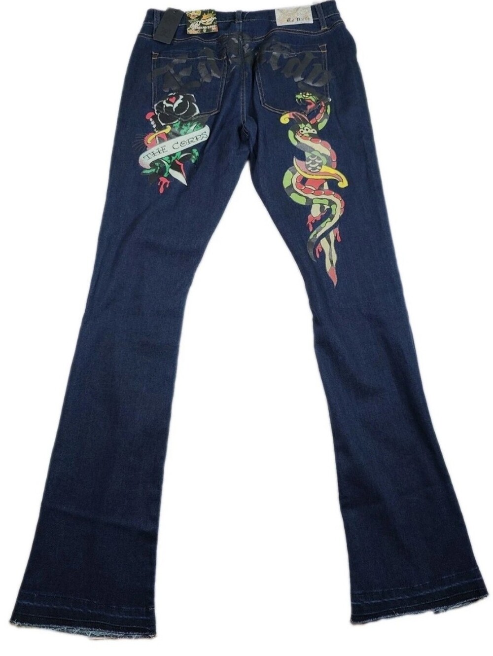 NWT Ed Hardy Stacked Boot Raw Hem The Corps Snake Dark Wash Jeans Size 32x36